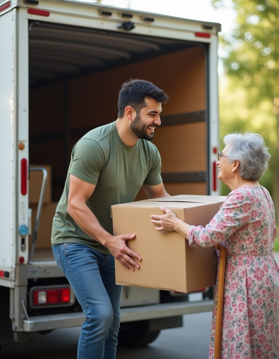 a Hispanic man smiling in a green shirt, taking a box from an elderly lady smiling back at him during senior moving