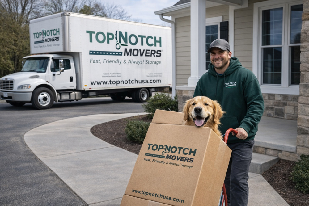 a male Top Notch Movers employee moving boxes with a golden retriever in one of them at a residential home with a moving truck in the background