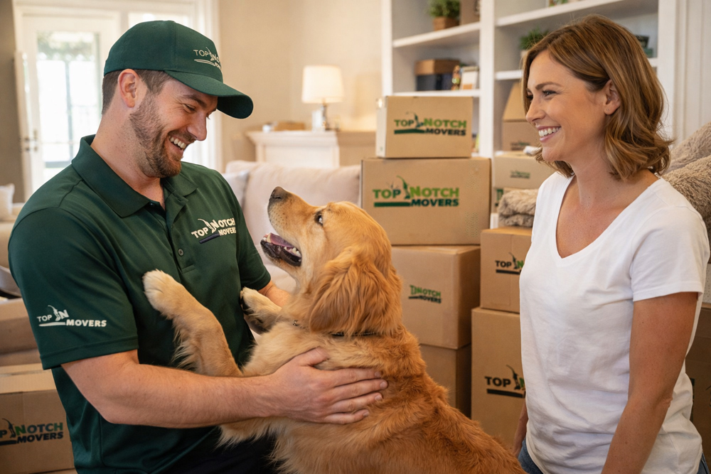 a smiling Top Notch Movers employee greeting a friendly dog during a residential move, while a woman in a white shirt smiles
