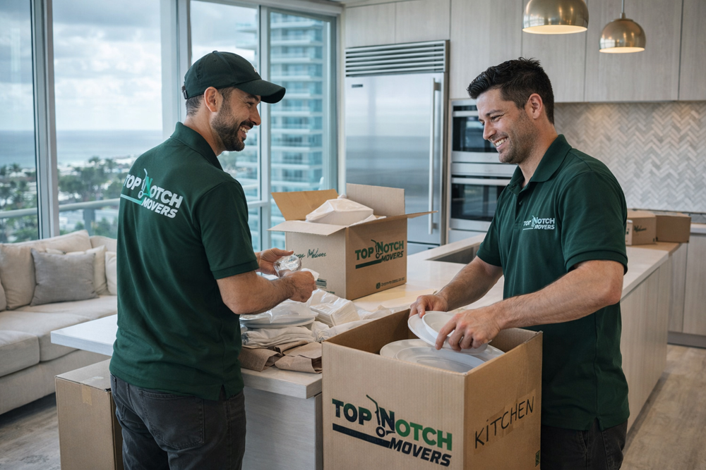 two smiling male Top Notch Movers employees in green polo shirts packing kitchenware into boxes for a residential move