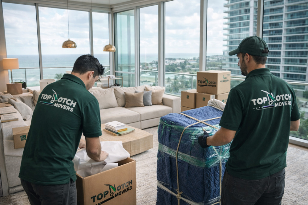 two male Top Notch Movers employees packing and unpacking boxes and items in a high-rise apartment