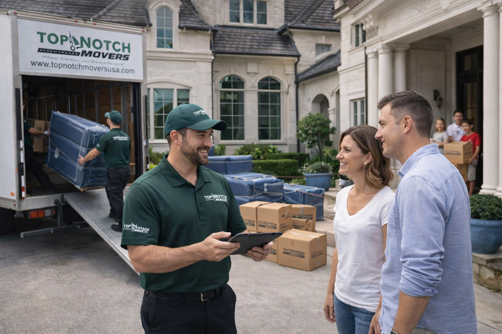 a male Top Notch Movers employee smiling and holding a clipboard speaking to a couple as movers load items into a white truck in the background