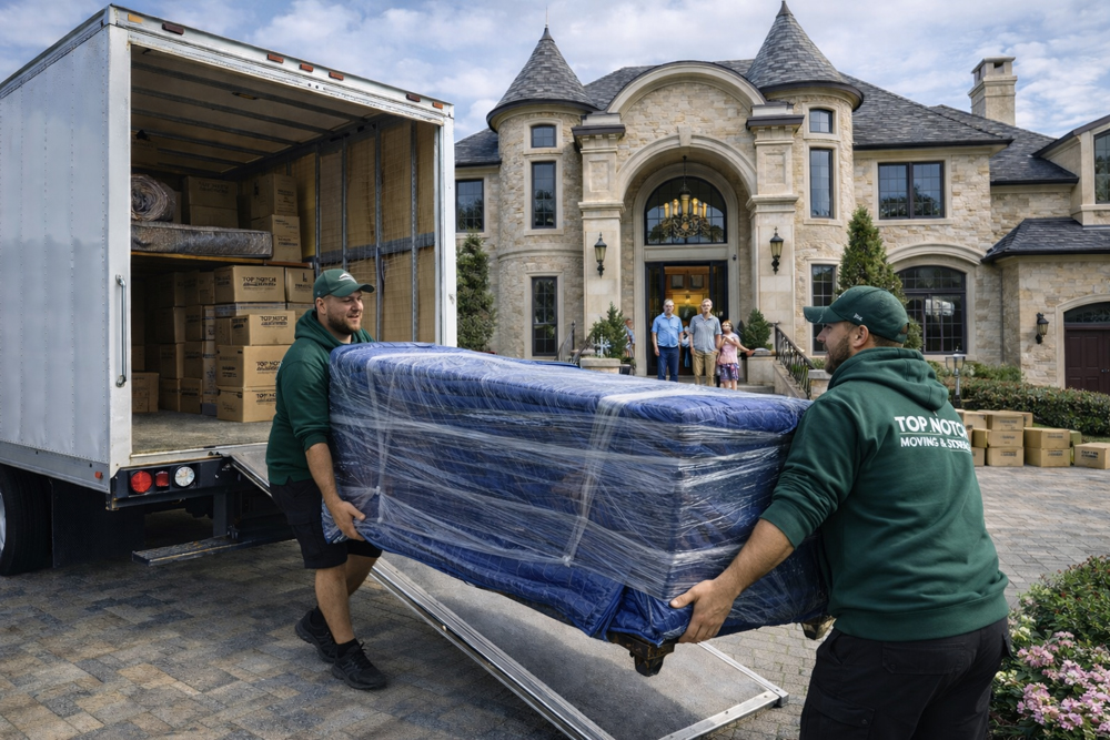 two male Top Notch Movers employees loading a wrapped couch in a white moving truck for a residential move