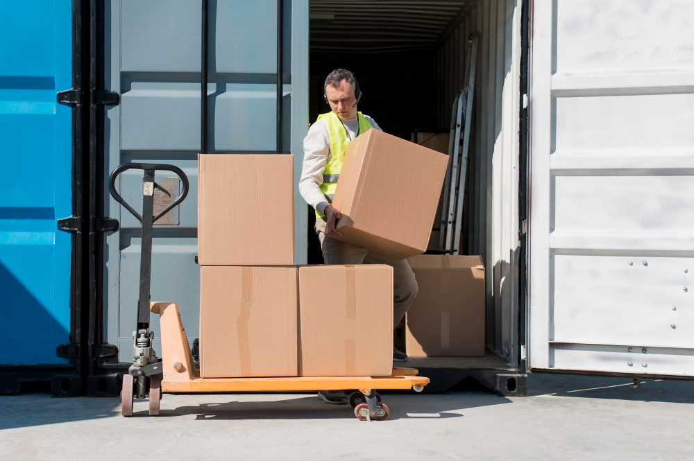 man loading boxes into a large metal pod container